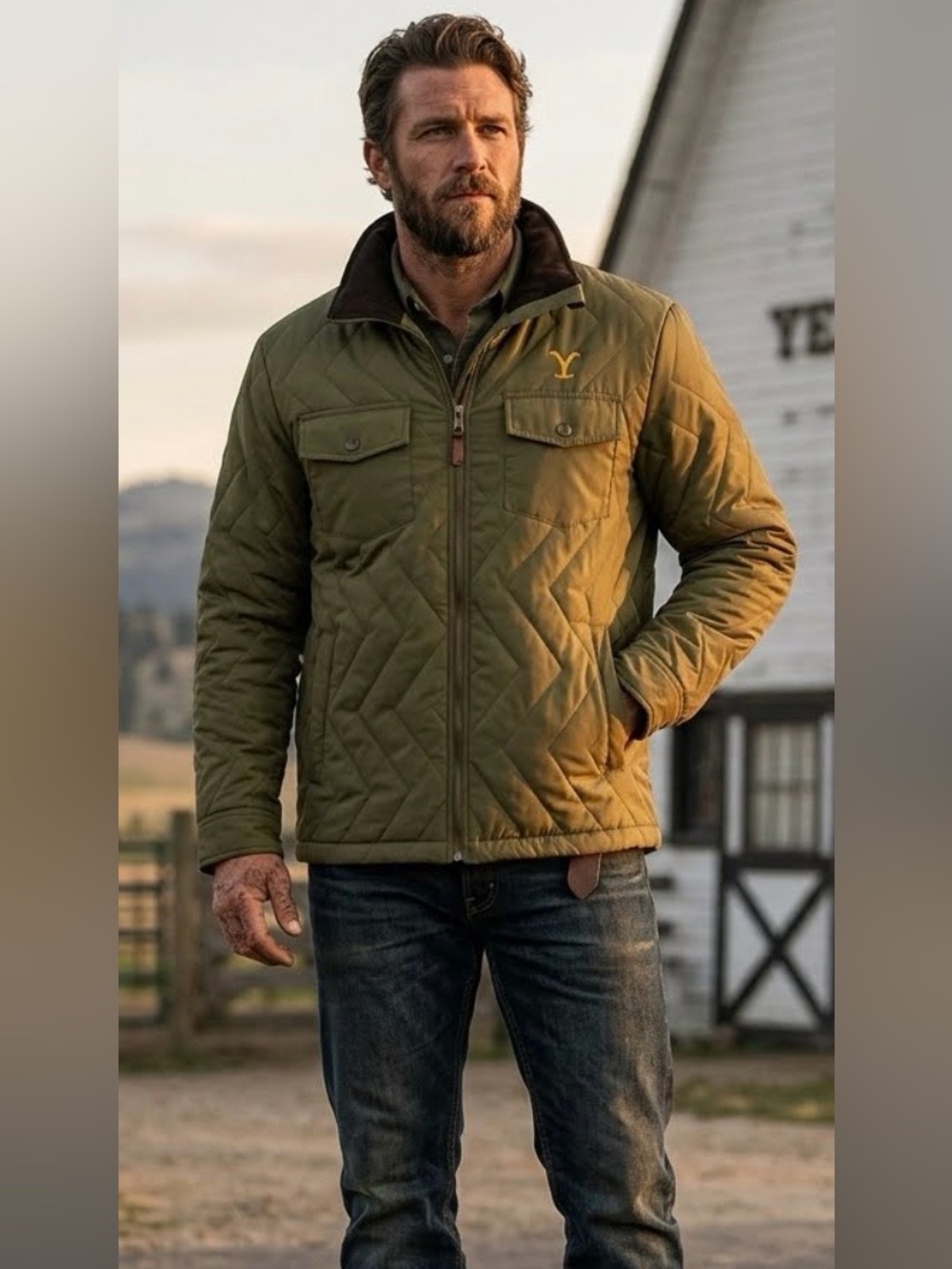 Yellowstone Men's Quilted Olive Army Green Barn Coat Jacket, Size L
